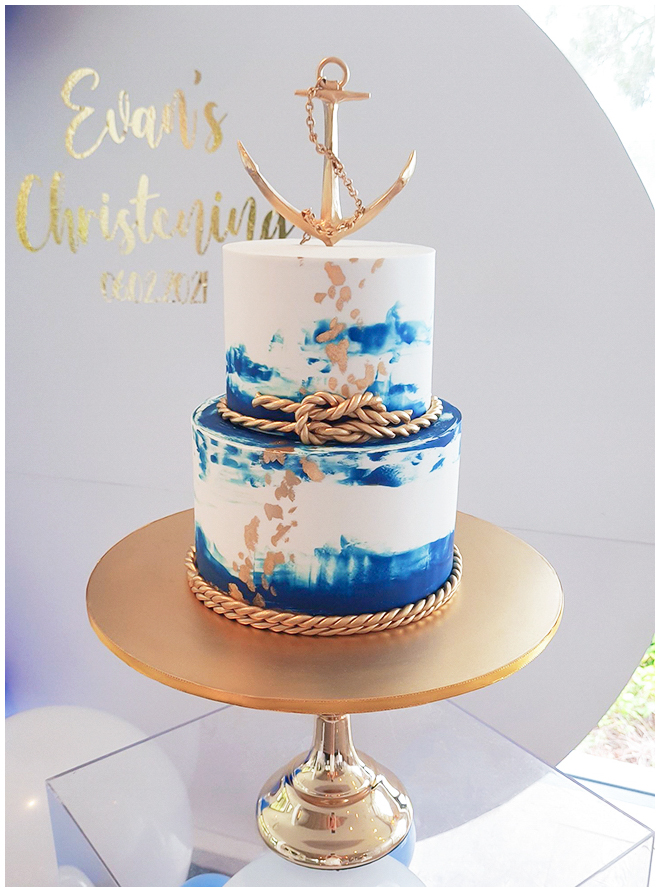 Nautical theme boy's Christening cake with gold anchor 